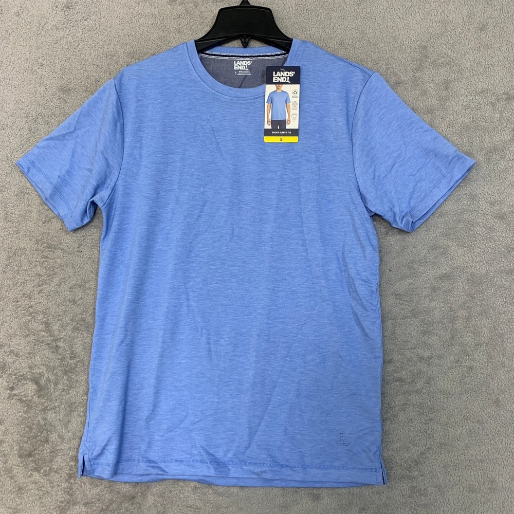NWT Lands' End Mens Short Sleeve Tee Blue Heathered Stretch Classic Fit Small